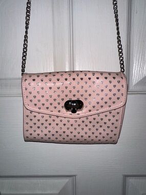 Icing Pink Heart-Print Crossbody with Silver Chain